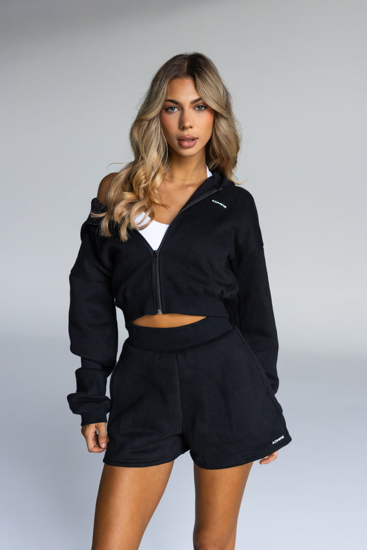 CROPPED ZIP HOODIE - BLACK