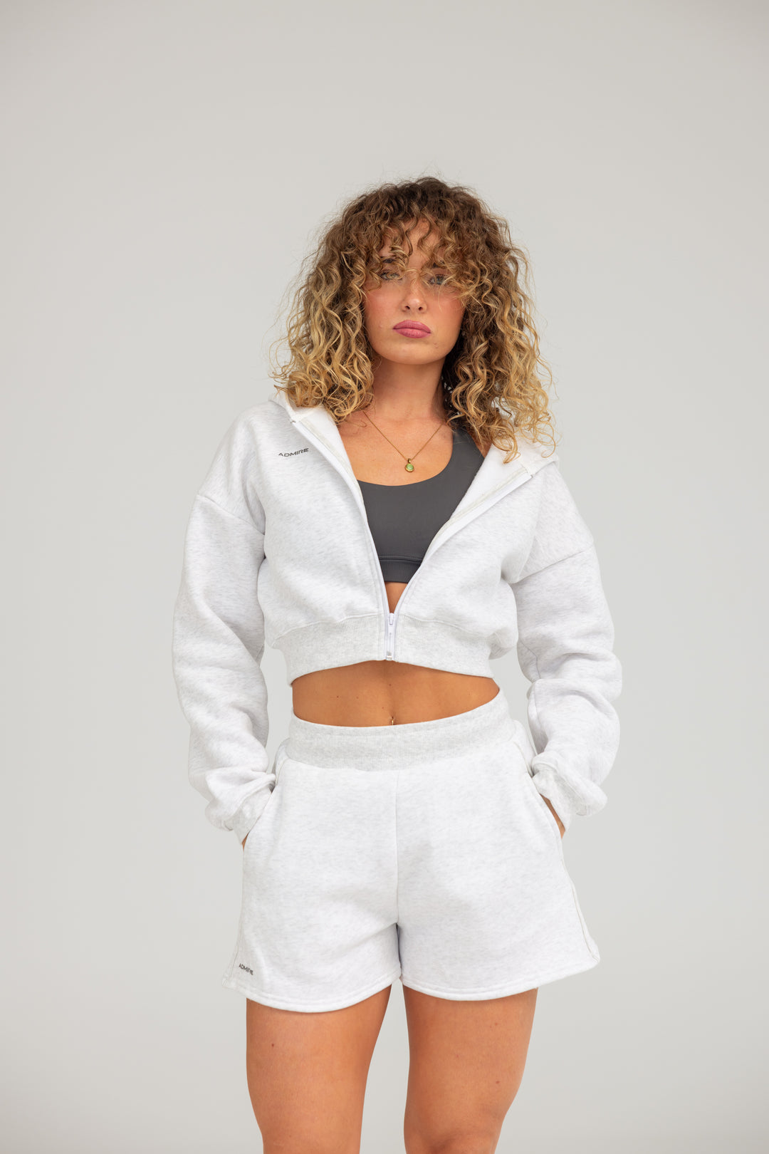 CROPPED ZIP HOODIE - MARL GREY